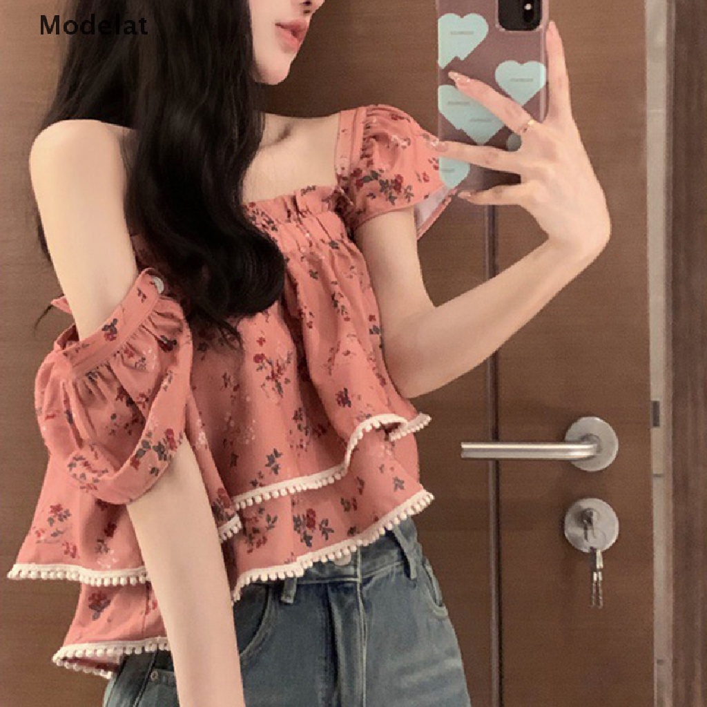 Áo Croptop Cổ Vuông Tay Cánh Bướm In Họa Tiết Hoa Thời Trang Mùa Hè Xinh Xắn Cho Nữ