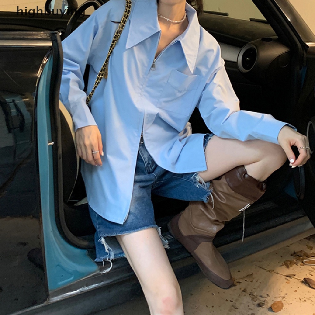 Áo Sơ Mi Tay Dài Có Khóa Kéo Phong Cách Đường Phố Hàn Quốc