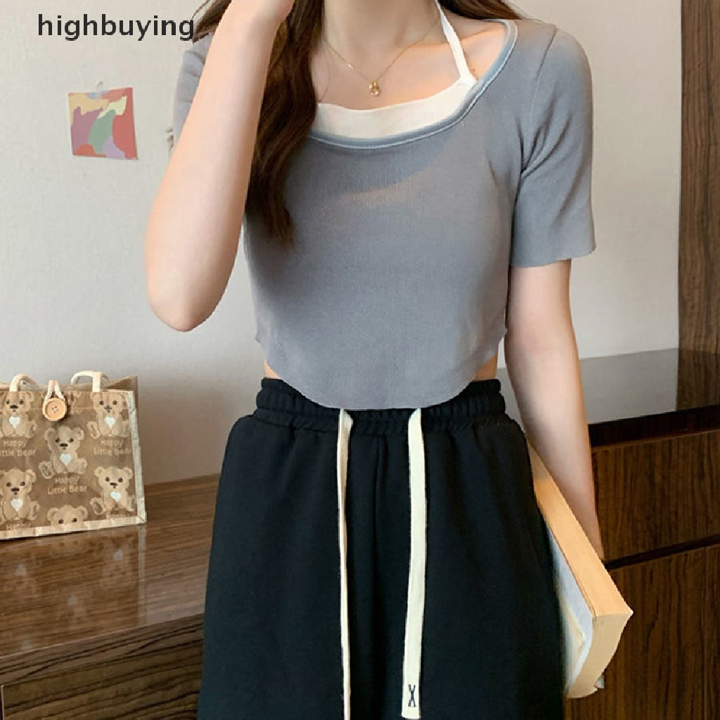 Áo Thun Lửng Ngắn Tay Cổ Vuông Phong Cách Quyến Rũ Dành Cho Nữ