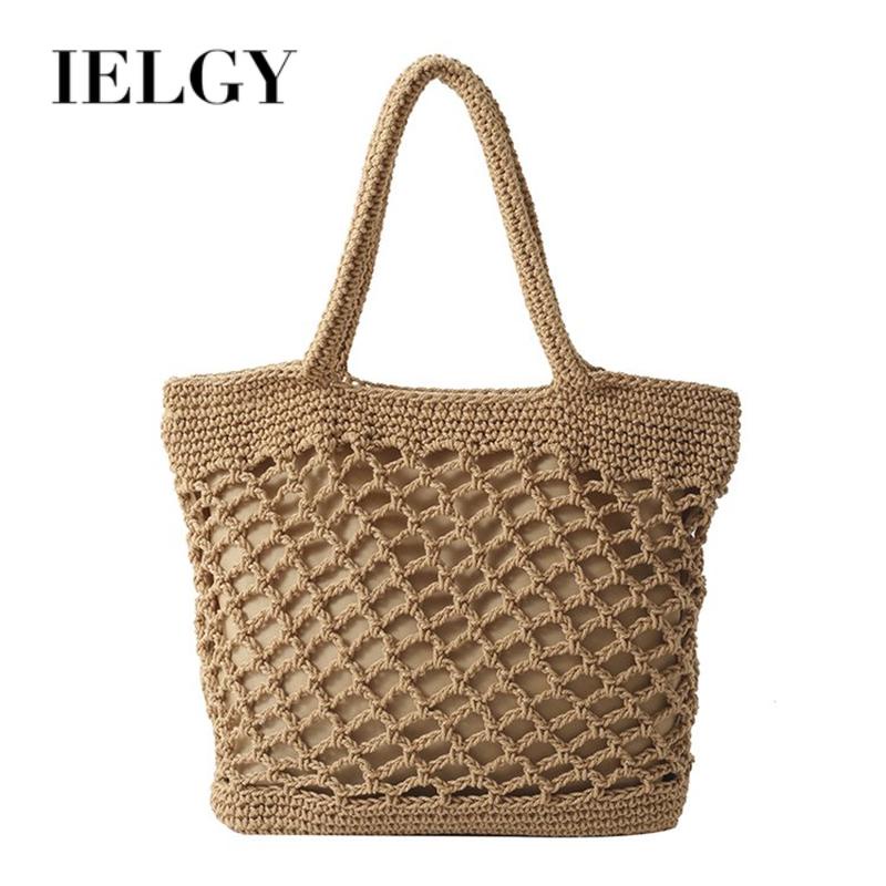 Ielgy Túi Rơm Dệt Bằng cotton Màu Trơn Nhỏ Gọn Phong Cách Mori Đi Biển Cho Nữ