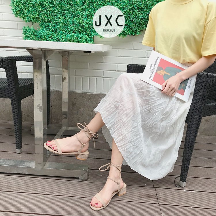 JINxCHOY Giày sandal mũi tròn phối dây thắt thời trang dành cho nữ JINXCHOY