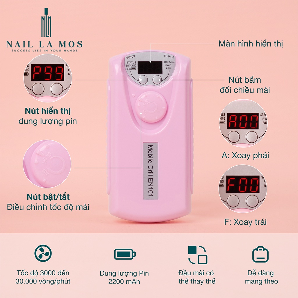 Máy Mài Móng Tay Điện STE-101  Có Thể Sạc Lại Đặc Biệt Cho Ngành Nghệ Thuật Làm Móng Với Đầu Mài Có Thể Thay Thế