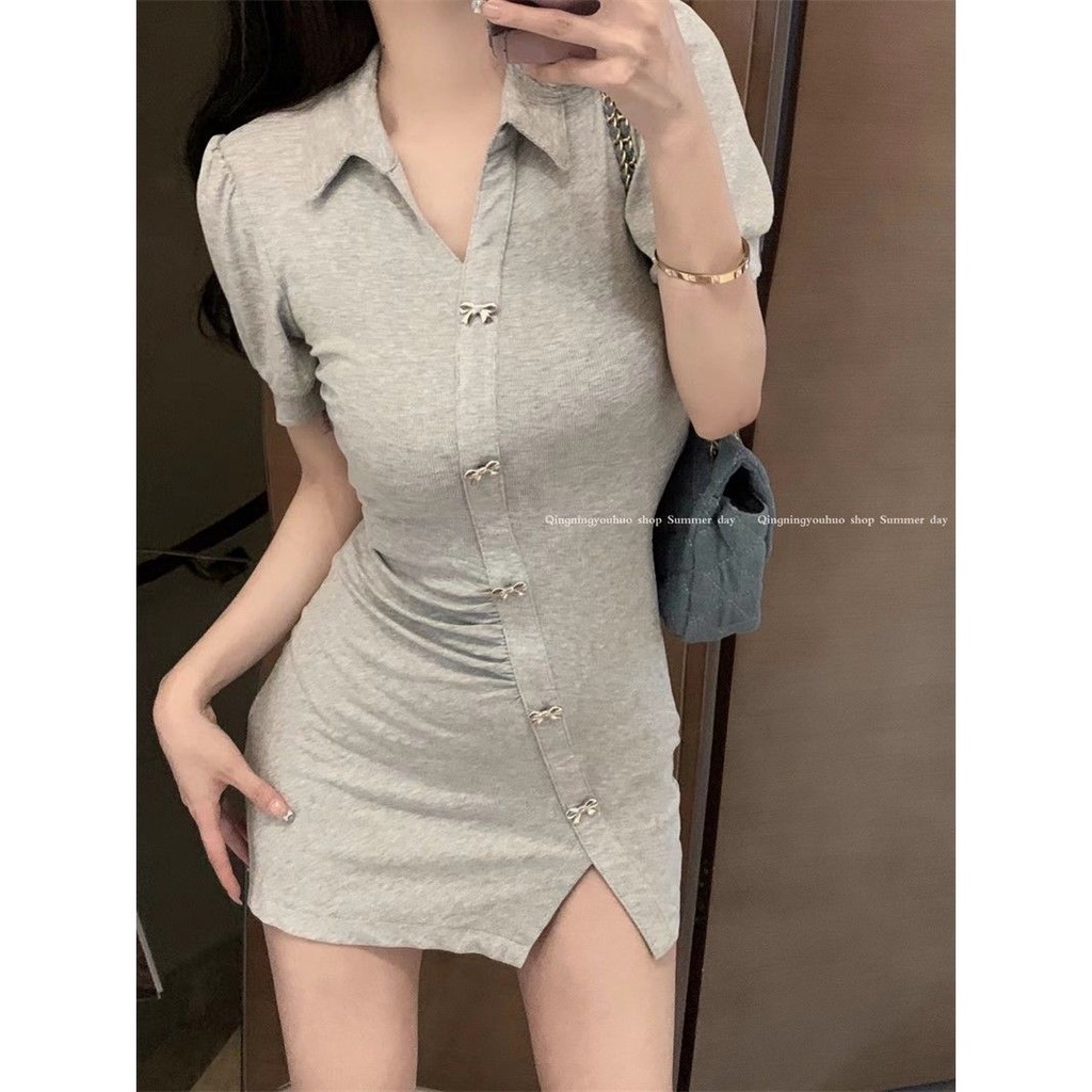Đầm Ngắn Ôm Dáng Tay Phồng Cổ Polo Duyên Dáng Thời Trang Mùa Hè Hàn Quốc 2022 Dành Cho Nữ