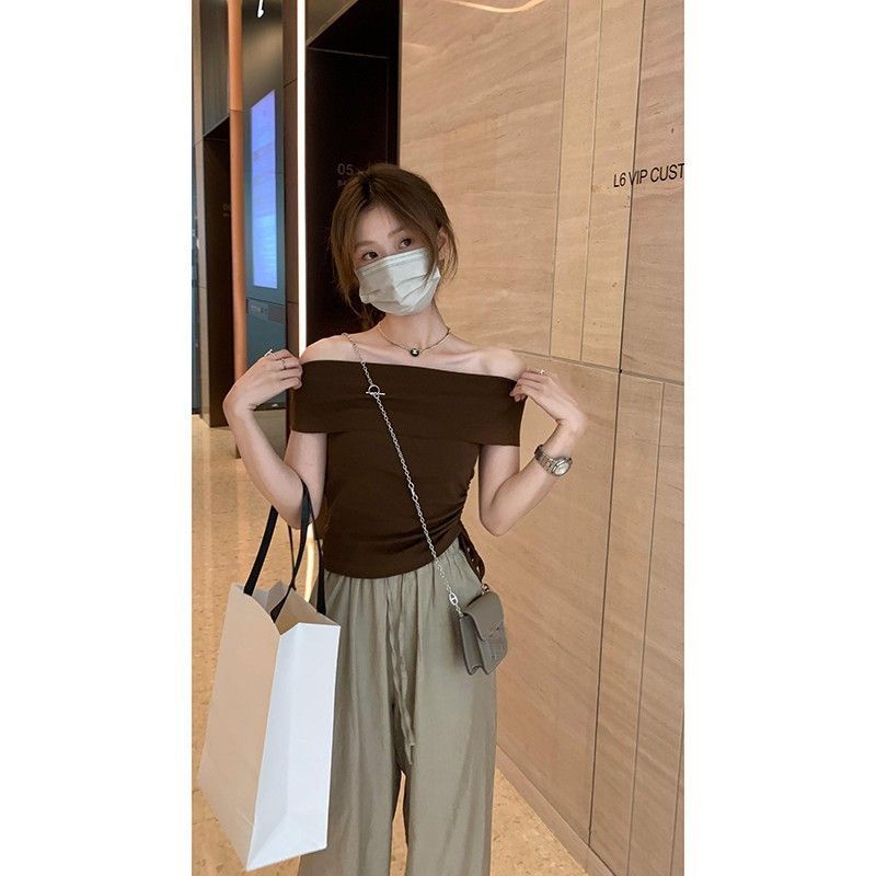 COZOKC Áo Thun Tay Ngắn Trễ Vai Thiết Kế Dây Rút Xếp Ly Xinh Xắn