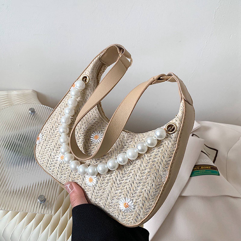 Túi Xách Đeo Dưới Cánh Tay In Hoa Cúc Đính Ngọc Trai Thời Trang Cho Nữ