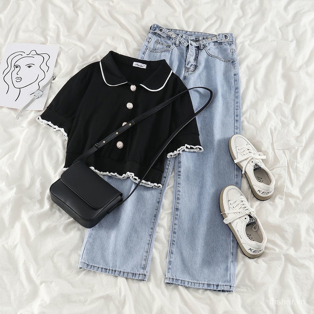 Bộ Áo Thun Ngắn Tay + Quần Jeans Lưng Cao Thời Trang Hàn Quốc Mùa Hè Cho Nữ 5 Ngày 2023