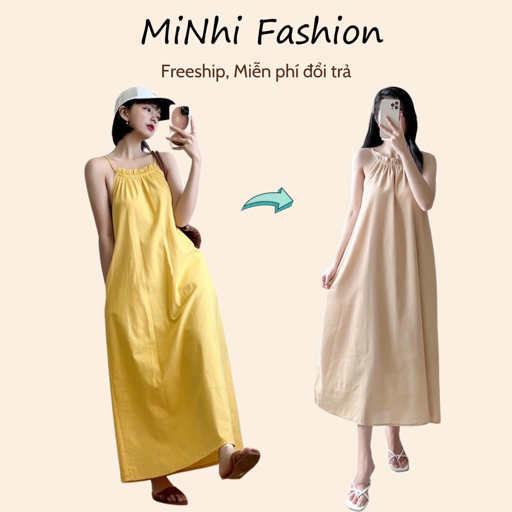 Đầm maxi 2 dây đi biển, Đầm yếm dáng suông form rộng Cao Cấp sexy dài qua gối cột nơ sau - MiNhi Fashion