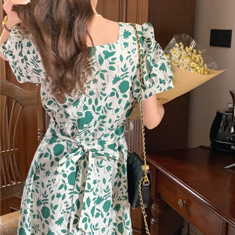 IELGY   Đầm Hoa Tay Phồng Ôm Eo Thời Trang Cao Cấp Cho Nữ