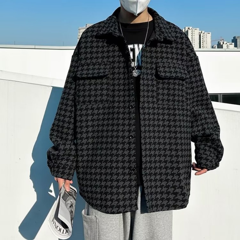 Áo Khoác Sơ Mi Nam Dài Tay Dáng Rộng Họa Tiết Caro Phong Cách Retro