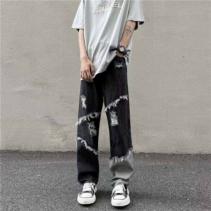 Quần jean nam ống rộng phối màu tương phản thời trang quần bò nam rách gối xu hướng quần jean ống đứng hiphop quần jean baggy phong cách đường phố quần bò ống rộng đồ đôi nam nữ quần Jean rách unisex
