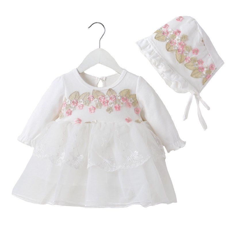 Đầm Công Chúa Chất Cotton Tay Dài Phối Ren Hoa Kèm Nón Cho Bé Gái 0-6 Tháng Tuổi