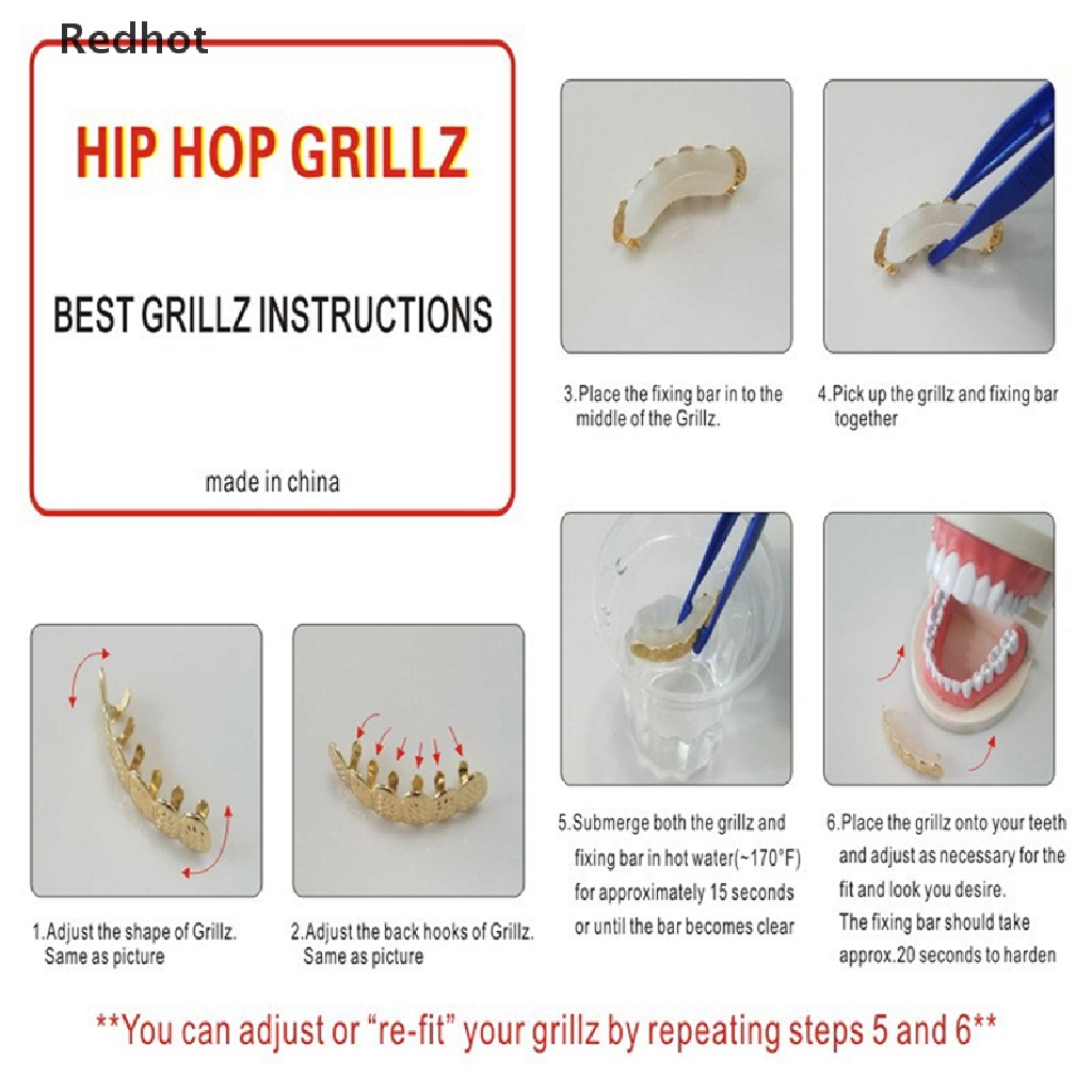 &lt; Redhot &gt; Vỉ Nướng Răng Mạ Vàng Phong Cách Hip Hop Lấp Lánh Có Lỗ Trên Và Dưới
