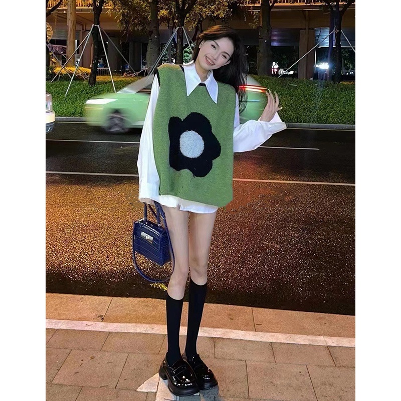 Áo Dệt Kim Sát Nách Dáng Rộng In Hoa Màu Sắc Tương Phản Kiểu Hàn Quốc Dễ Thương Cho Nữ