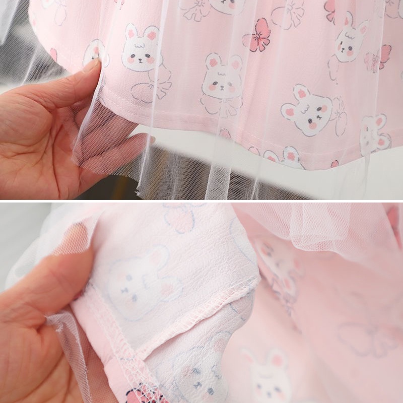 Đầm Công Chúa Cổ Bẻ Phối Lưới Họa Tiết Thỏ Hoạt Hình Phong Cách Hàn Quốc Cho Bé Gái 0-5 Tuổi