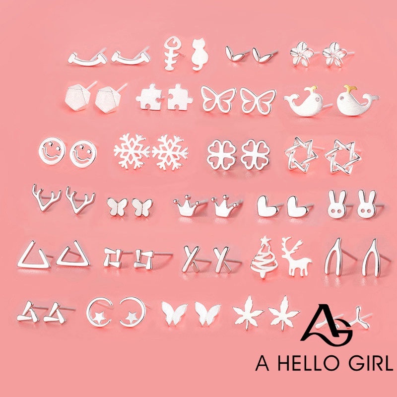 Ahellogirl Bông tai mạ bạc 925 nhiều kiểu dáng giản đơn phong cách Hàn thanh lịch dành cho nữ