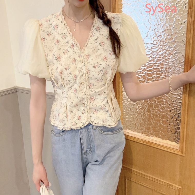 Áo Kiểu Tay Phồng Cổ Chữ V Phối Ren Hoa Phong Cách Retro Pháp