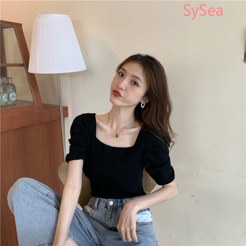 Áo Dệt Kim Tay Phồng Cổ Vuông Xếp Ly Xinh Xắn Cho Nữ