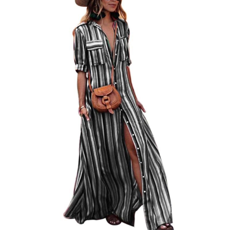 Xiangbao Đầm Maxi Tay Lửng Hở Lưng Cài Nút Phía Trước Cỡ Lớn Cho Nữ