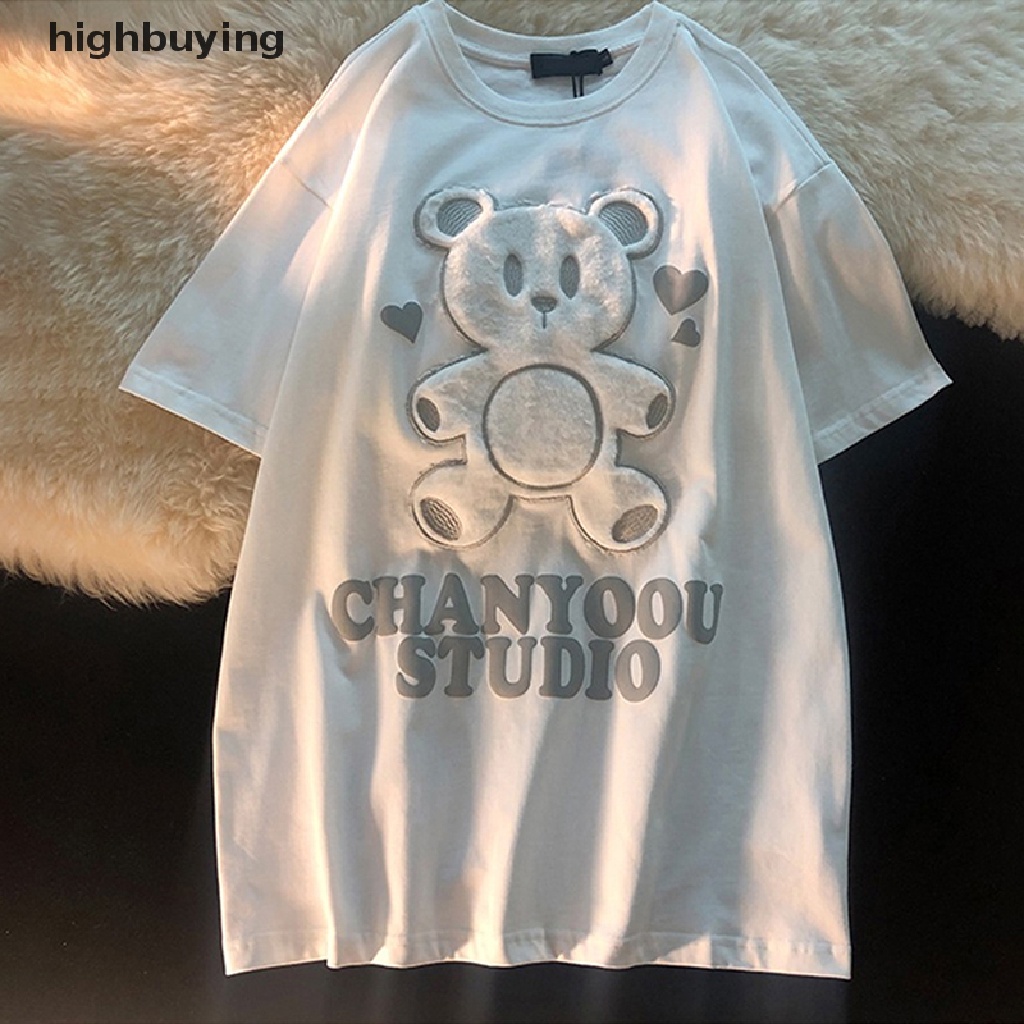 Áo Thun Tay Ngắn Cổ Tròn Thêu Hình Gấu Hoạt Hình Dành Cho Nữ