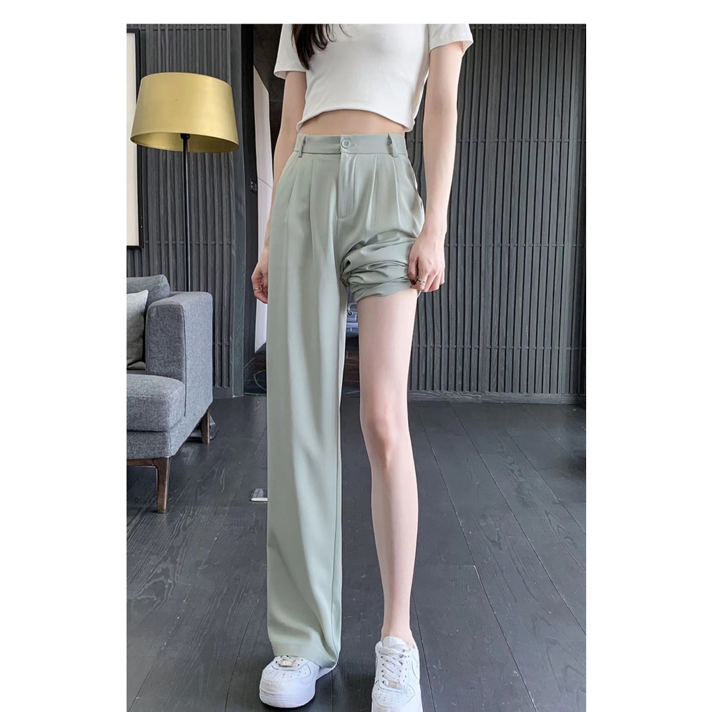 SUXI Quần Dài Lưng Cao Ống Rộng Màu Sắc Đơn Giản Thời Trang Mùa Hè Cho Nữ