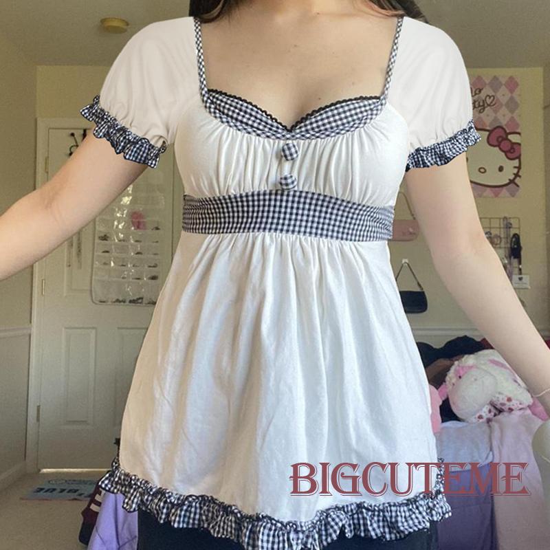 Áo Sơ Mi Tay Ngắn Phối Bèo Họa Tiết Sọc Caro Phong Cách Đường Phố Thời Trang Xuân Hè Cho Nữ