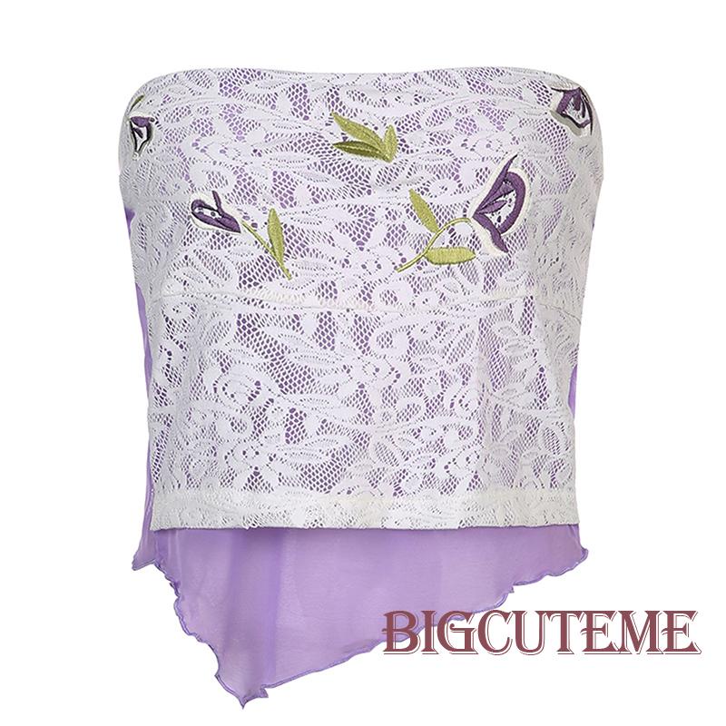 [] Áo Ống Y2K Ren Hoa Gợn Sóng Màu Trắng Cổ Điển