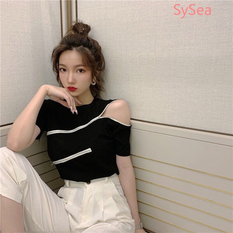 Áo Kiểu Trễ Vai Phối Khóa Kéo Phong Cách Hàn Quốc Quyến Rũ Cho Nữ