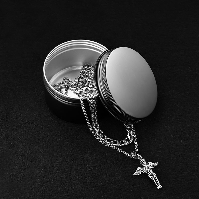 Vòng cổ Hai Lớp Bằng Thép Titan Mặt Thiên Thần Nhỏ Cá Tính Không Phai Màu Phong Cách Mỹ Cho Nam