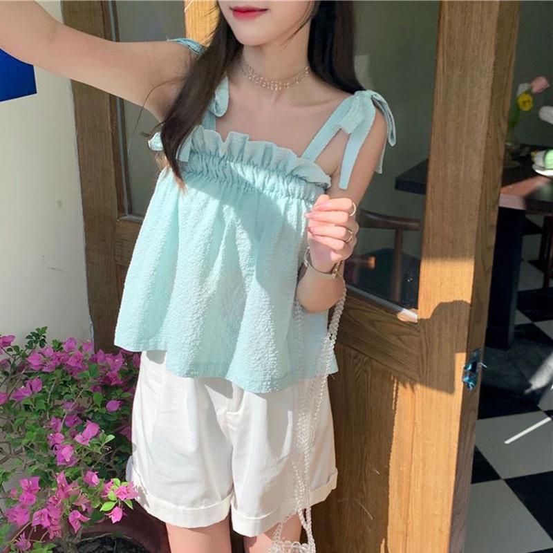 IELGY Áo Hai Dây Không Tay Phối Dây Cột Phong Cách Ngọt Ngào