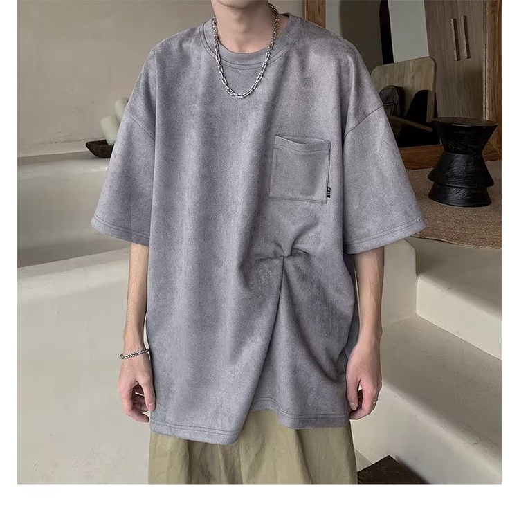 Áo Thun Lông Cừu Tay Ngắn Cổ Tròn Phối Túi Thời Trang Mùa Hè Phong Cách Nhật Bản Cho Nam