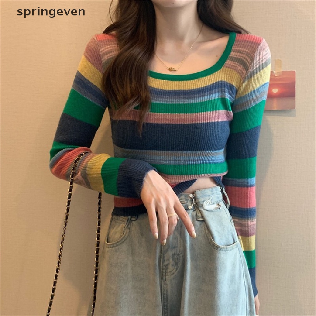 Áo Sweater Dệt Kim Tay Dài Cổ Vuông Họa Tiết Kẻ Sọc Nhiều Màu Sắc Thời Trang Cho Nữ