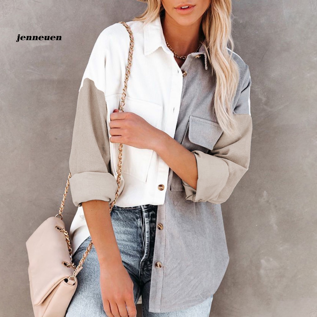 Áo Sơ Mi Cổ Bẻ Màu Tương Phản Thời Trang Thu Đông Cho Nữ