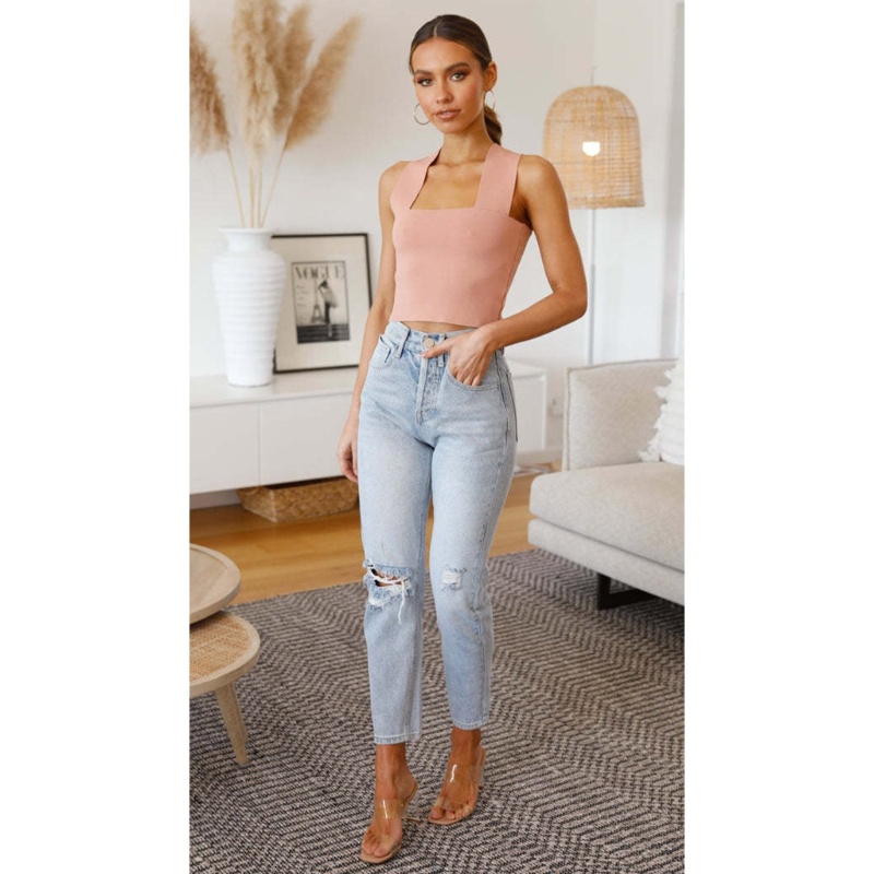 Áo Croptop Dệt Kim Sát Nách Màu Trơn Cổ Vuông Ôm Dáng Gợi Cảm Cho Nữ