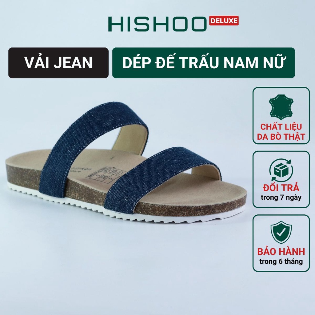 Dép đế trấu birken nam nữ unisex quai ngang vải jean size 35 - 43 chính hãng Hishoo S117