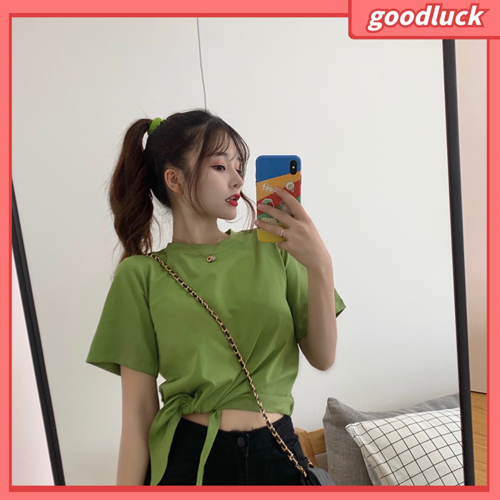 Áo Thun Tay Ngắn Cổ Tròn Màu Trơn Thắt Nút Độc Đáo Thời Trang Mùa Hè Cho Nữ