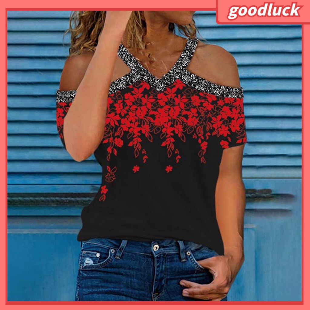 Áo Thun Mùa Hè Khoét Vai In Họa Tiết Hoa Phong Cách Đường Phố Cho Nữ