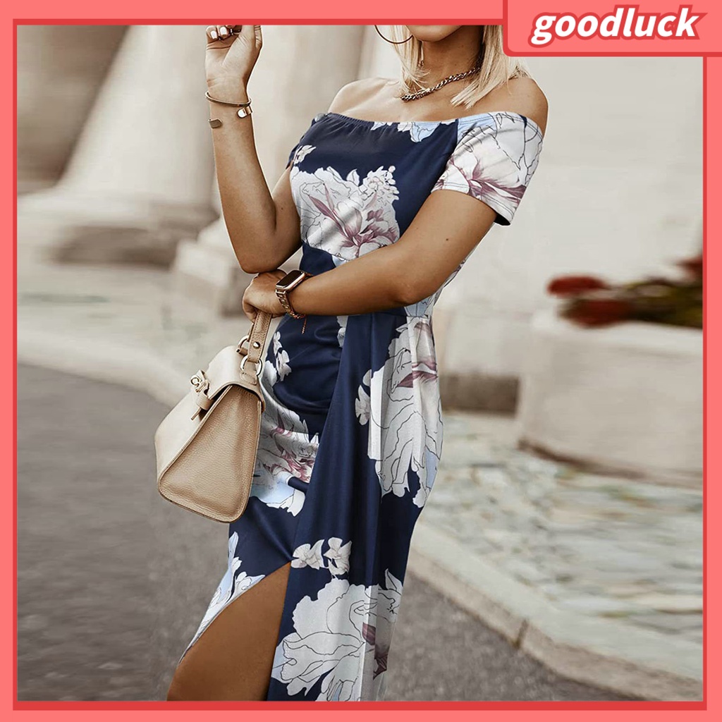 Đầm Midi Tay Ngắn Hở Vai Dáng Ôm In Họa Tiết Hoa Thời Trang Mùa Hè Xinh Xắn Cho Nữ
