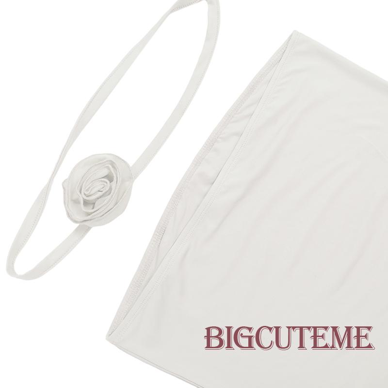 [] Áo Croptop Trễ Vai Không Dây Co Giãn Màu Trơn Kèm Khăn Choàng Hình Hoa Cơ Bản Mùa Hè Cho Nữ