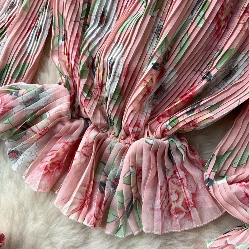 Bộ Áo Sơ Mi Tay Dài Cổ Chữ v In Hoa + Chân Váy Dài Eo Cao Xếp Ly Thời Trang Xuân Thu Cho Nữ