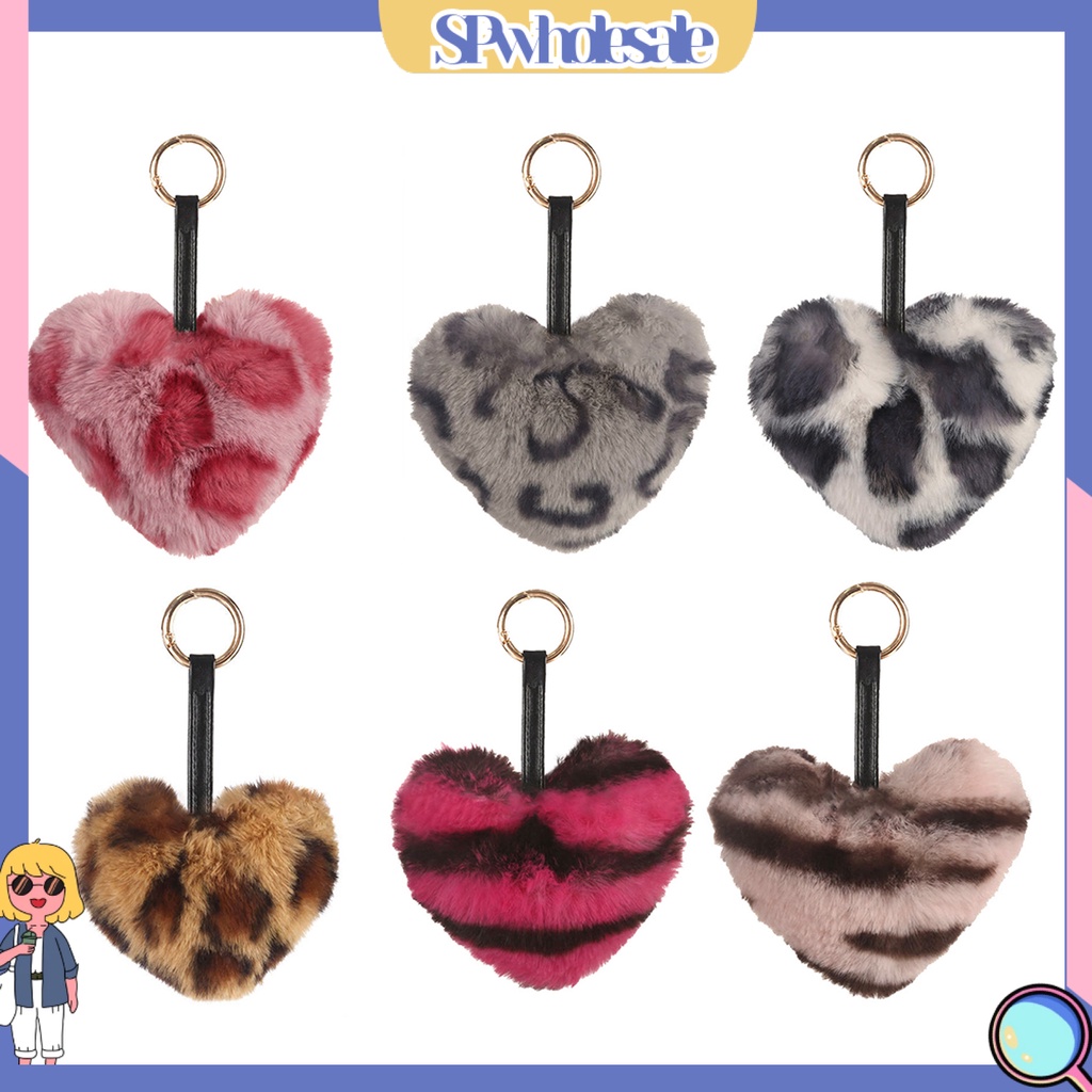 <SPwholesale> Móc Khóa Hình Trái Tim Họa Tiết Da Báo Bằng Lông Nhung Thời Trang