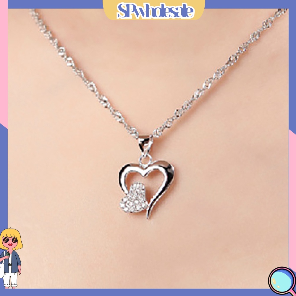 &lt;SPwholesale&gt; Vòng cổ Mạ Bạc Mặt Trái Tim Đính Đá Thời Trang