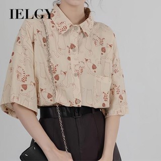 IELGY Áo Sơ Mi Tay Ngắn Dáng Rộng In Họa Tiết Hoạt Hình Phong Cách Pháp Thời Trang Cao Cấp Cho Nữ
