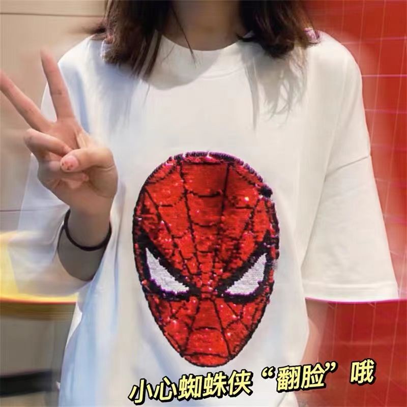 Áo Thun Cotton Cổ Tròn Ngắn Tay In Hoạt Hình Người Nhện Đính Kim Sa Thay Đổi Màu Sắc Thời Trang Unisex 2023