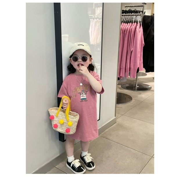 Đầm Thun Cotton Ngắn Tay In Họa Tiết Hoạt Hình Phong Cách Hàn Quốc Cho Bé Gái