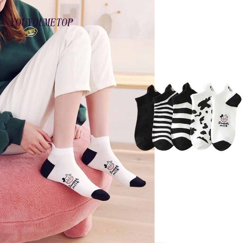 Youyo Set 5 Đôi Tất Cotton Cổ Thấp In Họa Tiết Bò Sữa Hoạt Hình Thời Trang Mùa Hè Cho Nữ