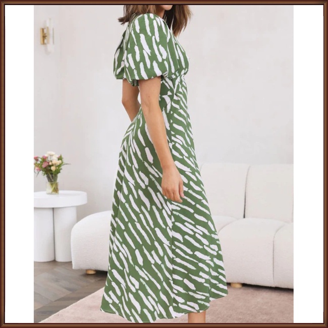 Đầm Tay Ngắn Phồng Cổ Chữ V Eo Cao Thời Trang Mùa Hè Cho Nữ