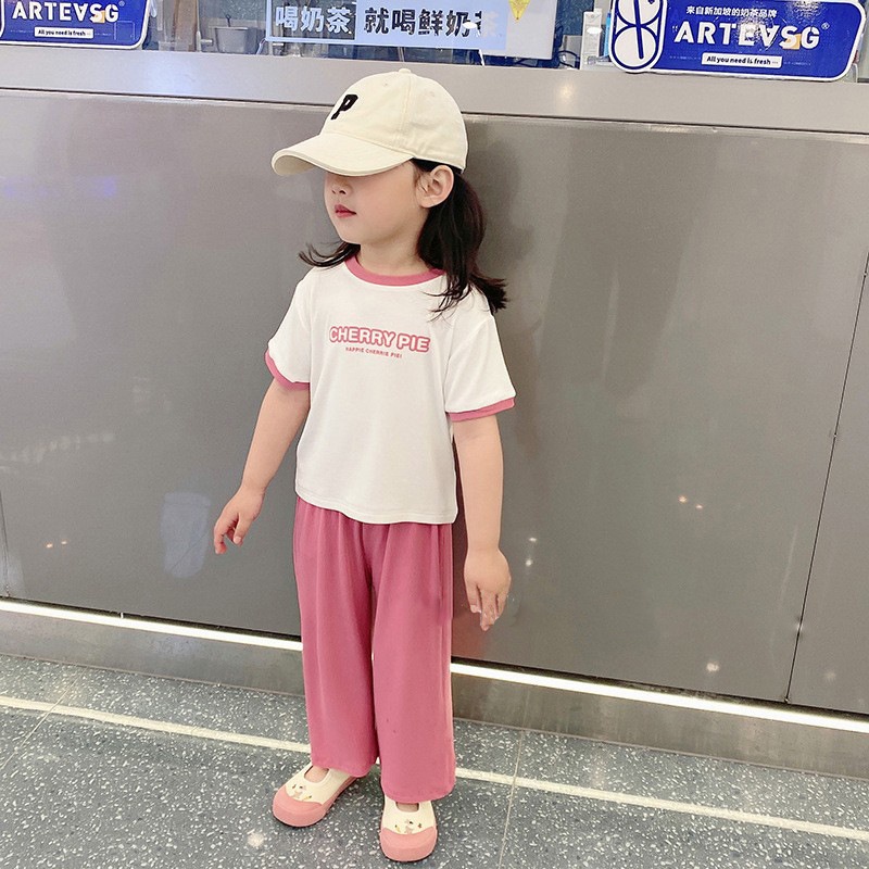 Set Áo Thun Tay Ngắn &amp; Quần Dài In Hình Quả Cherry Cho Bé Gái