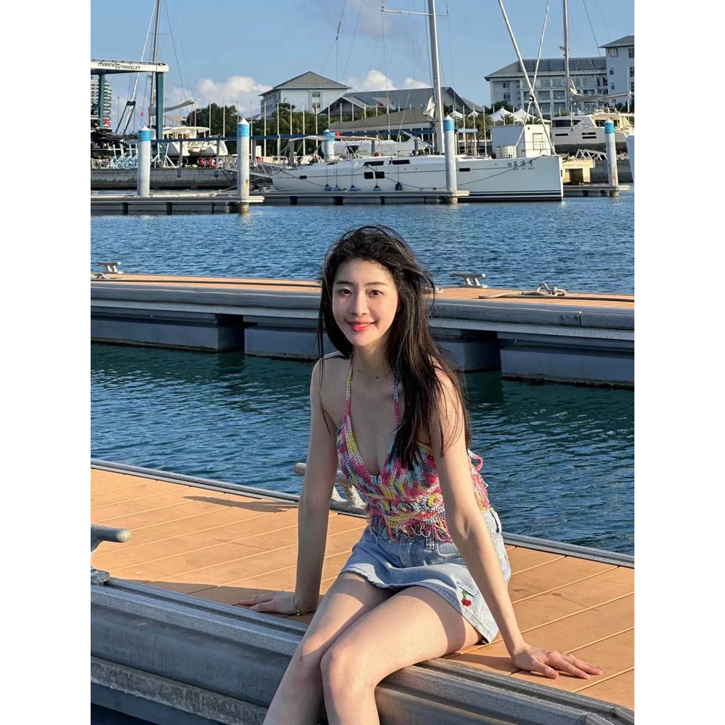 Niche Áo Hai Dây Dáng Ngắn Có Đệm Ngực Thiết Kế Nhân Vật Nhiều Màu Sắc Mặc Trong Kỳ Nghỉ