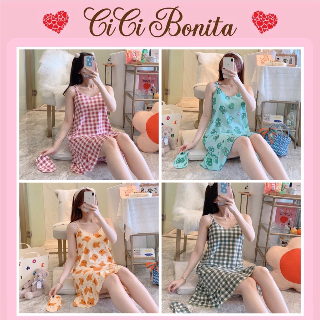 Váy ngủ thun cute/ đầm mặc nhà họa tiết đáng yêu, có đệm ngực  CV86 CICI BONITA HCM