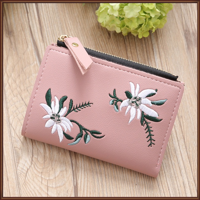 Ví Da Pu Mỏng Có Khóa Kéo Thêu Họa Tiết Xinh Xắn Cho Nữ Giá Đỡ